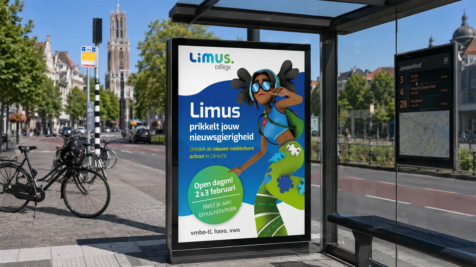 Bushok reclame voor Limus College met grote mascotte erop.