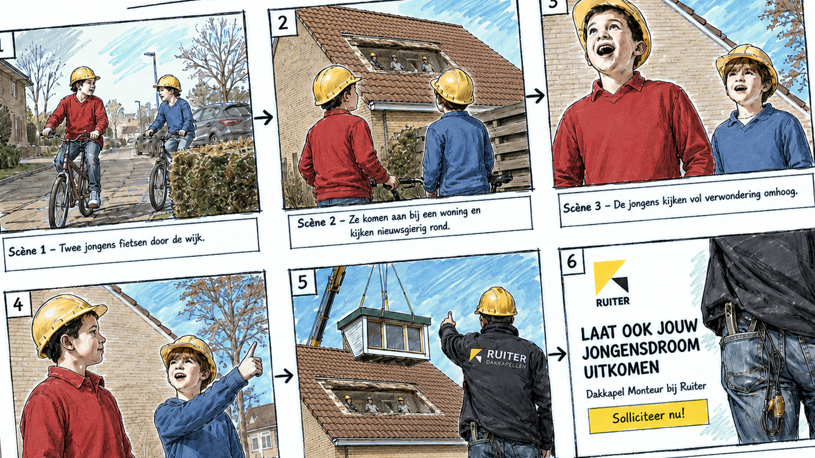 Getekend storyboard voor de wervingsvideo voor De Ruiter Dakkapellen.