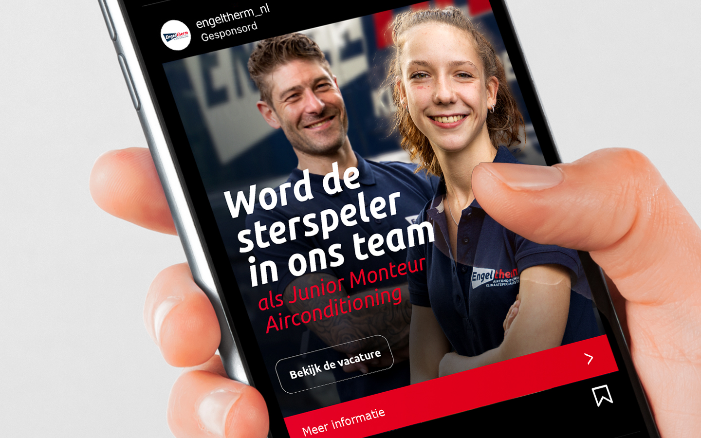 Engeltherm social post close up. 'Word de sterspeler in ons team'.