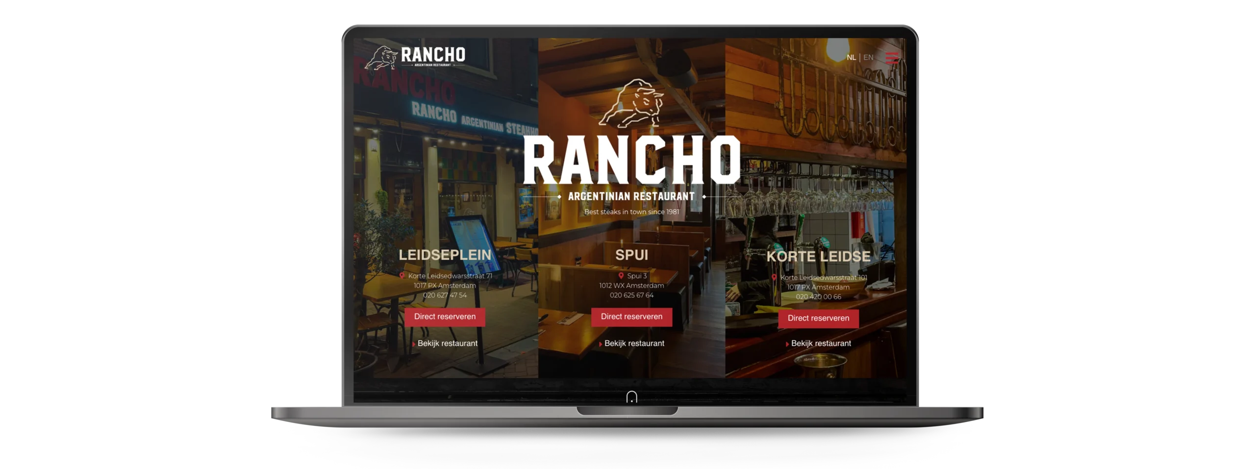 Mockup van nieuwe website Rancho op een laptop.